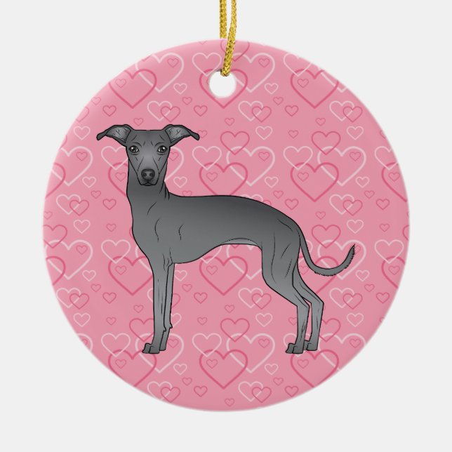 Blue Italian Greyhound Pink Hearts Pet Memorial Keramik Ornament (Vorne)