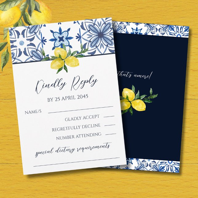 Blue Italian Lemon Mediterranean Wedding RSVP Card (Von Creator hochgeladen)