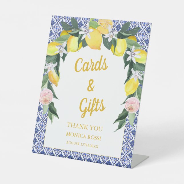 Blue Italian Tiles Lemon Brautparty Cards Geschenk Sockelschild (Vorderseite)