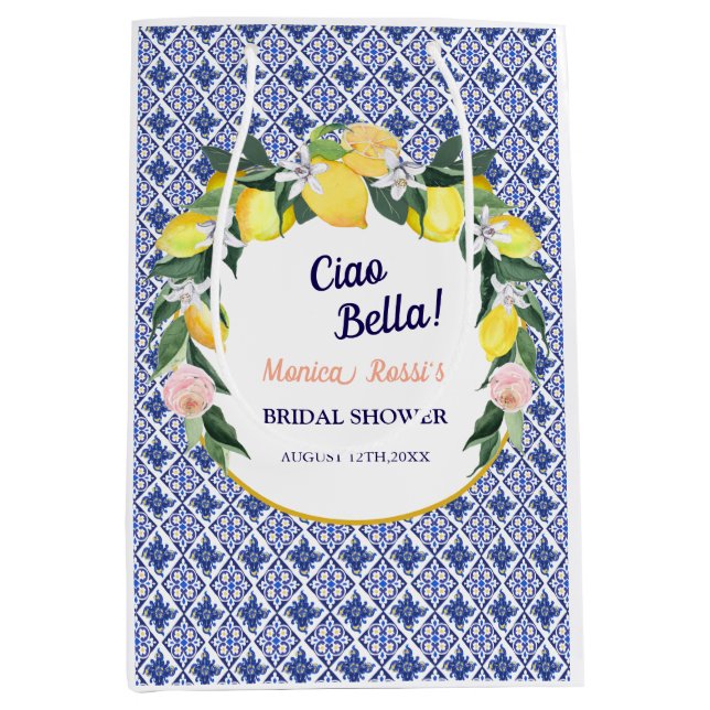 Blue Italian Tiles Lemons Ciao Bella Brautparty Mittlere Geschenktüte (Vorderseite)