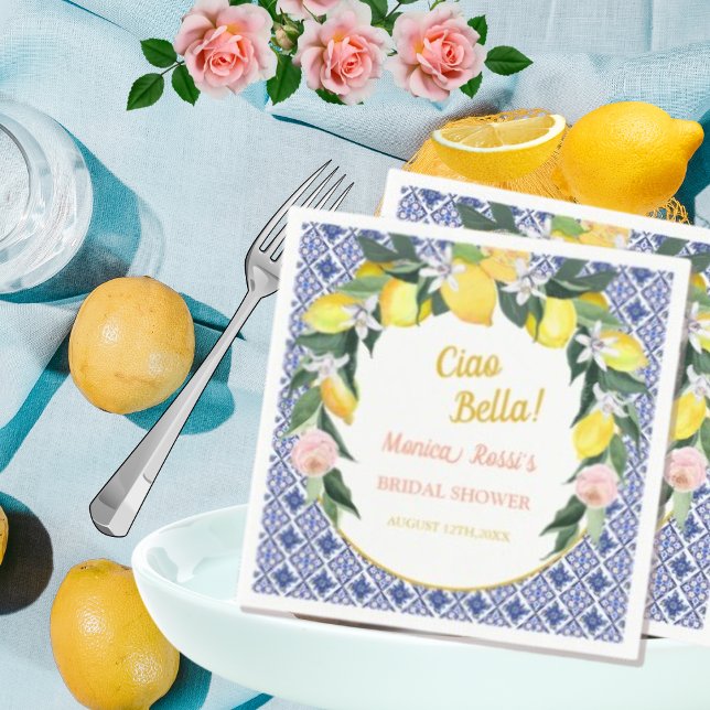 Blue Italian Tiles Lemons Ciao Bella Brautparty Serviette (Von Creator hochgeladen)