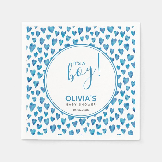 Blue It's a Boy Heart Baby Shower Serviette (Vorderseite)