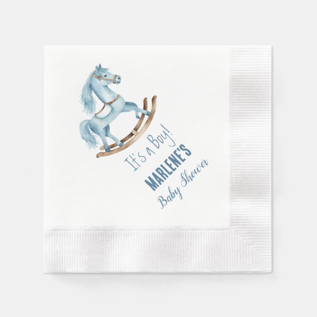 Blue It's a Boy Rocking Horse Baby Shower Napkins Serviette (Vorderseite)