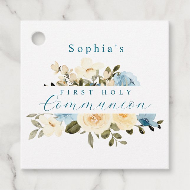 Blue Ivory Blume Grüne Erstkommunion Geschenkanhänger (Vorderseite)