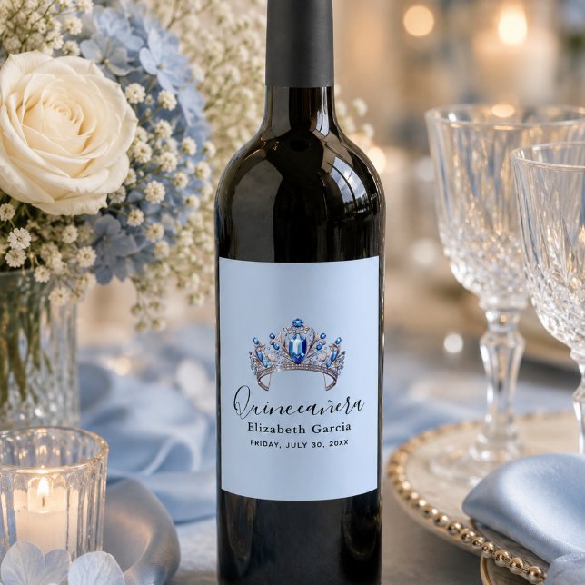 Blue & Ivory Floral Quinceñera Weinetikett (Blue & Ivory Floral Quinceañera Wine Label)