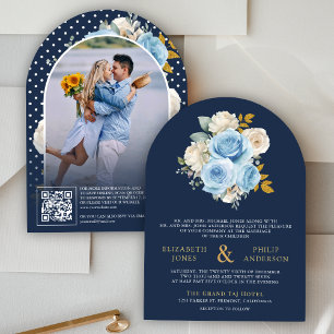 Blue Ivory Floral Rose QR Code Foto Navy Hochzeit Einladung