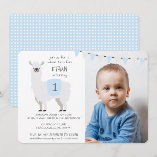 Blue & Ivory Niedlich Llama Kindergeburtstag Party Einladung