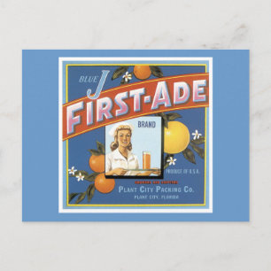 Blue J First-Ade Orange Vintage Etikett Postkarte