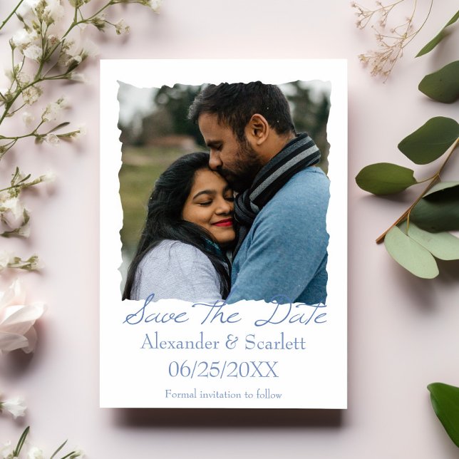 Blue Jagd Frame Foto Ankündigung Datum freihalten (Blue Jagged Frame Photo Save the Date)