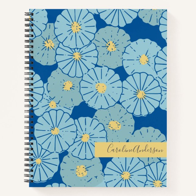 Blue Japanisch Floral Illustration Personalisiert Notizbuch (Vorderseite)