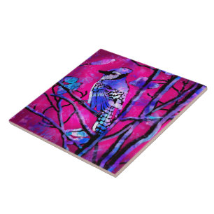 Blue Jay Bird auf Baumzweig Rosa Abstrakte Kunst Fliese