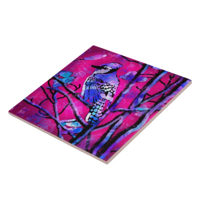 Blue Jay Bird auf Baumzweig Rosa Abstrakte Kunst Fliese (Seite)