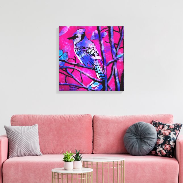 Blue Jay Bird auf Baumzweig Rosa Abstrakte Kunst Leinwanddruck (Insitu (Wohnzimmer))