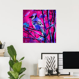 Blue Jay Bird auf Baumzweig Rosa Abstrakte Kunst Poster