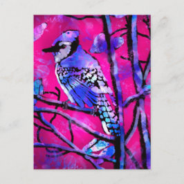 Blue Jay Bird auf Baumzweig Rosa Abstrakte Kunst Postkarte