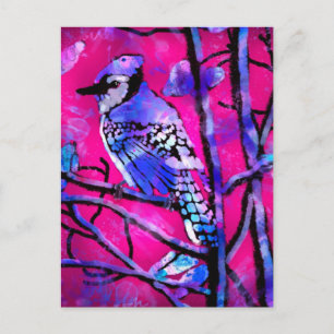 Blue Jay Bird auf Baumzweig Rosa Abstrakte Kunst Postkarte