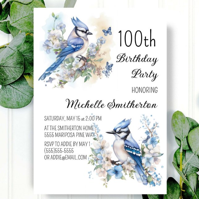 Blue Jay Bird Blume Springtime 100. Geburtstag Einladung (Von Creator hochgeladen)