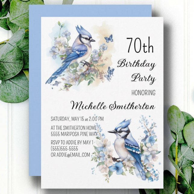 Blue Jay Bird Blume Springtime 70. Geburtstag Einladung (Blue jay women's 70th birthday party custom invitations)