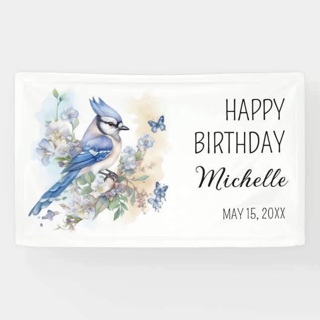 Blue Jay Bird Blume Springtime Geburtsname Banner (Horizontal)