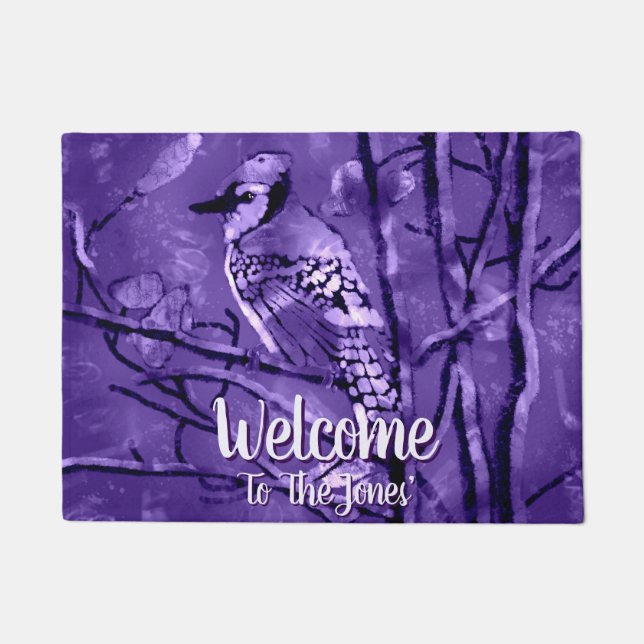 Blue Jay Bird Purple Abstract Art Personalized Fußmatte (Vorderseite)