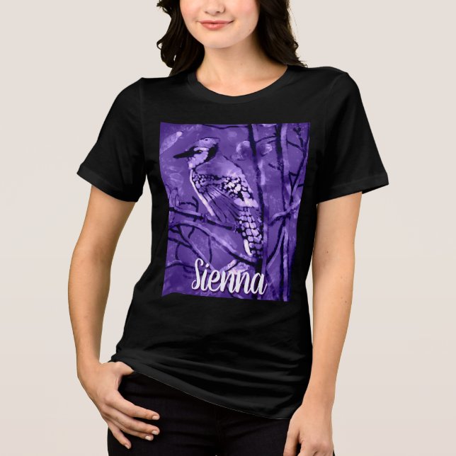 Blue Jay Bird Purple Abstract Art Personalized Tri-Blend Shirt (Vorderseite)