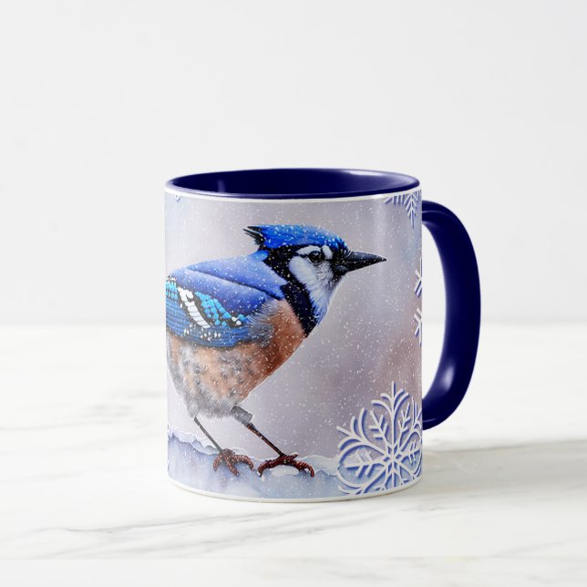 Blue Jay Bird Snowflake Winter Tasse (VorderseiteRechts)