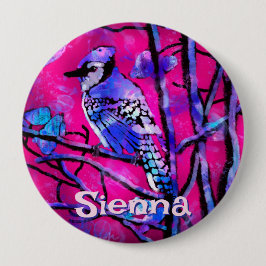 Blue Jay Bird Tree Branch Pink Personalized Button