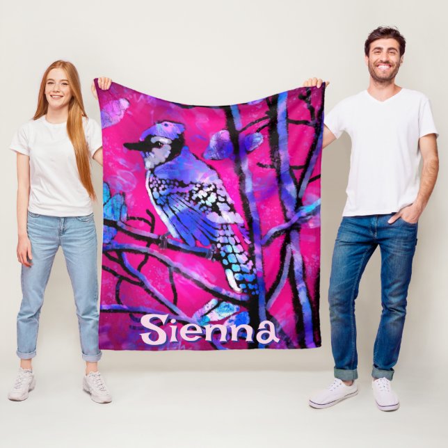 Blue Jay Bird Tree Branch Pink Personalized  Fleecedecke (Beispiel)