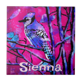 Blue Jay Bird Tree Branch Pink Personalized Fliese