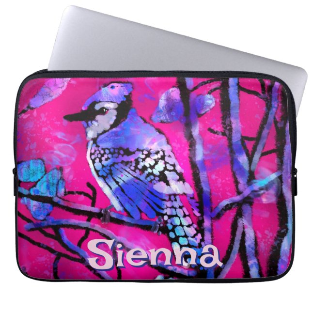 Blue Jay Bird Tree Branch Pink Personalized  Laptopschutzhülle (Vorderseite)