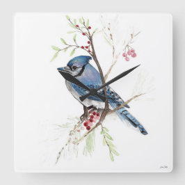 Blue Jay Bird Watercolor Quadratische Wanduhr