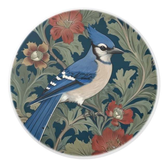 Blue Jay Bird William Morris Stil Richtig Blue Jay Keramikknauf (Vorderseite)