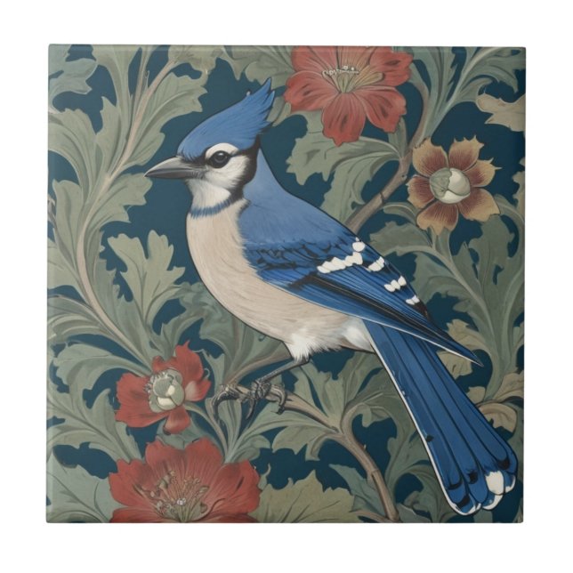 Blue Jay Bird William Morris Stil Verlassen Blue J Fliese (Vorderseite)
