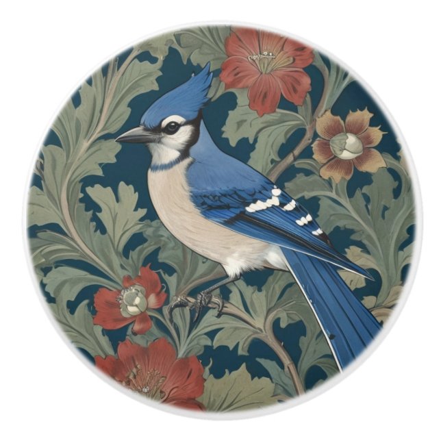 Blue Jay Bird William Morris Stil Verlassen Blue J Keramikknauf (Vorderseite)
