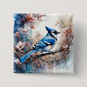 Blue Jay Cherry Blüten Wasserfarbe Button