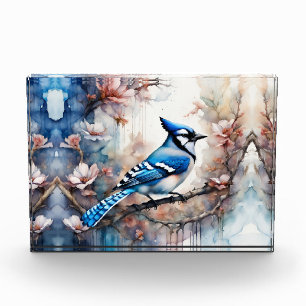 Blue Jay Cherry Blüten Wasserfarbe Fotoblock