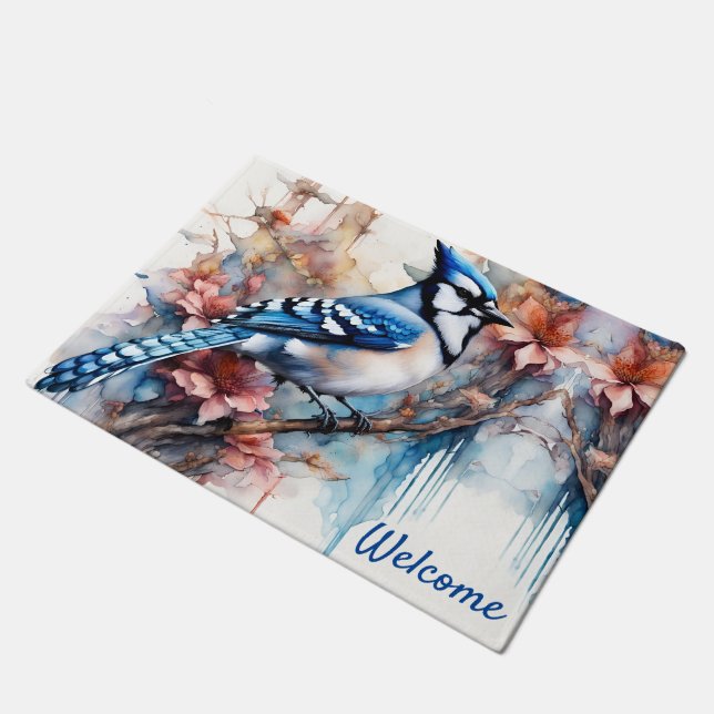 Blue Jay Cherry Blüten Wasserfarbe Fußmatte (Schrägansicht)