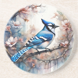 Blue Jay Cherry Blüten Wasserfarbe Getränkeuntersetzer