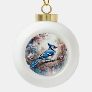 Blue Jay Cherry Blüten Wasserfarbe Keramik Kugel-Ornament