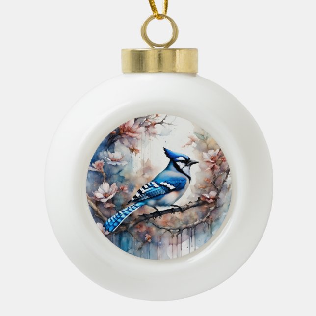 Blue Jay Cherry Blüten Wasserfarbe Keramik Kugel-Ornament (Vorderseite)