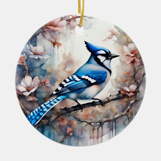Blue Jay Cherry Blüten Wasserfarbe Keramik Ornament (Vorne)