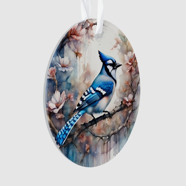Blue Jay Cherry Blüten Wasserfarbe Ornament (Vorderseite)