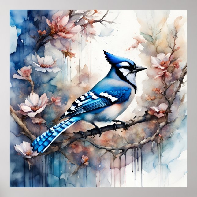 Blue Jay Cherry Blüten Wasserfarbe Poster (Vorne)