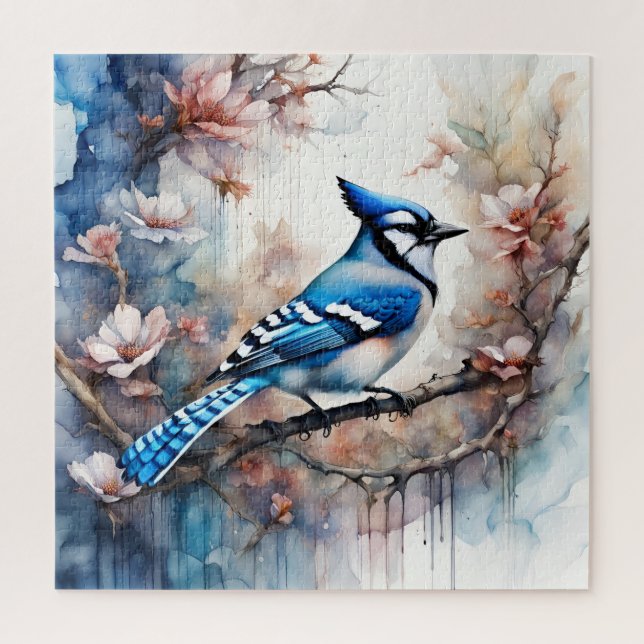 Blue Jay Cherry Blüten Wasserfarbe Puzzle (Vertikal)