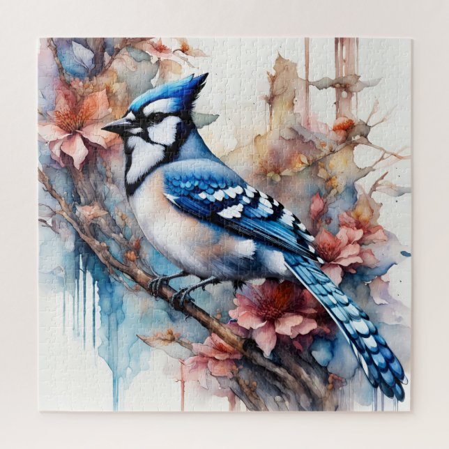 Blue Jay Cherry Blüten Wasserfarbe Puzzle (Vertikal)