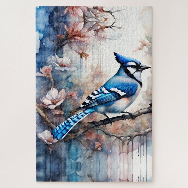 Blue Jay Cherry Blüten Wasserfarbe Puzzle (Vertikal)