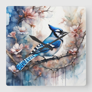 Blue Jay Cherry Blüten Wasserfarbe Quadratische Wanduhr