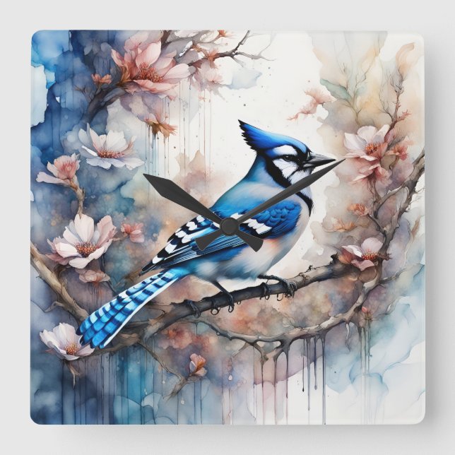 Blue Jay Cherry Blüten Wasserfarbe Quadratische Wanduhr (Vorderseite)
