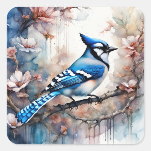 Blue Jay Cherry Blüten Wasserfarbe Quadratischer Aufkleber