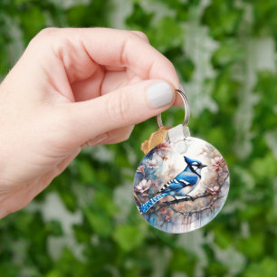 Blue Jay Cherry Blüten Wasserfarbe Schlüsselanhänger